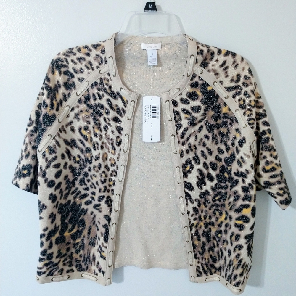 NWT Chico's Sz 1 Animal Print Open Cardigan